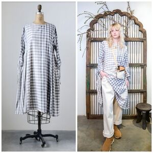 Embellish Plaid Taupe Tan Cream Tied Sleeve Dress, M